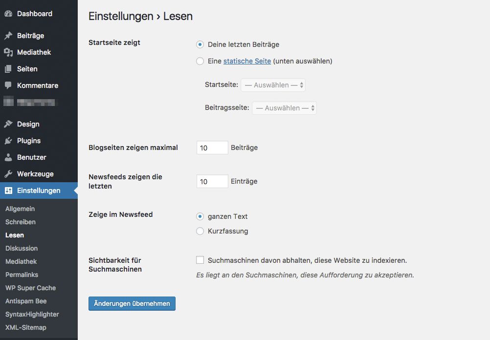 WordPress Startseite festlegen Einstellungen lesen