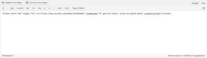 Iframe in WordPress einbinden - Iframe im HTML Modus einbinden 